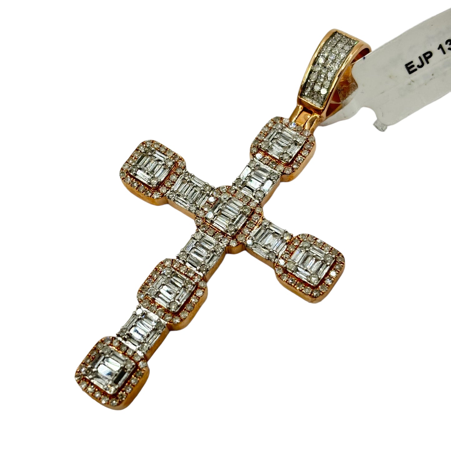 SOLID 14KT GOLD BAGUETTE AND ROUND VVS-1 DIAMOND HYBRID CLUSTER CROSS PENDANT