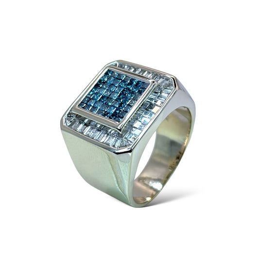 14KT BAGUETTE AND BLUE DIAMOND SQUARE TOP RING 2.60CTW