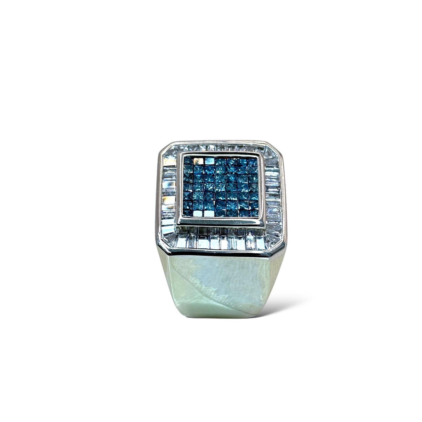 14KT BAGUETTE AND BLUE DIAMOND SQUARE TOP RING 2.60CTW