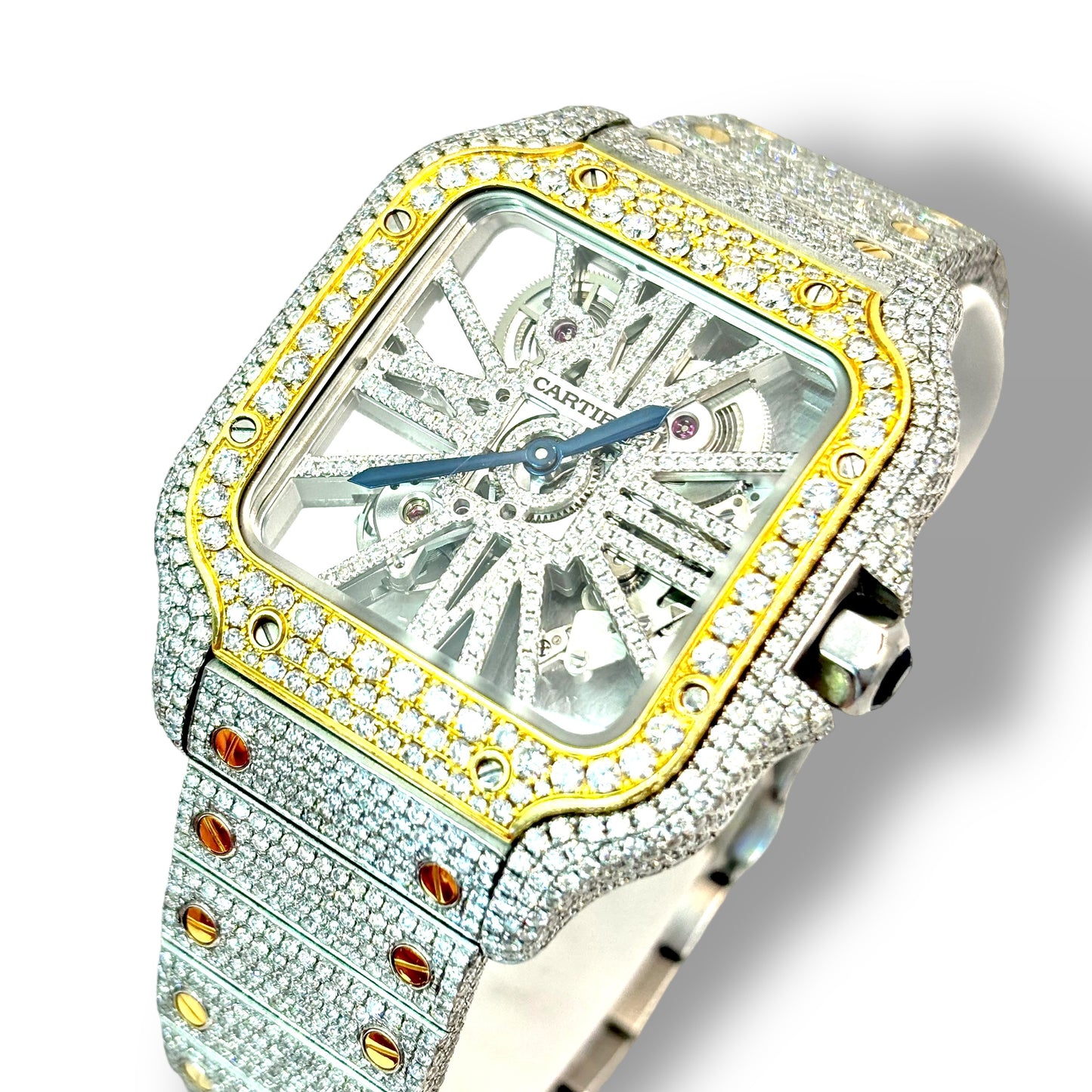 CARTIER SANTOS XL 41MM SKELETON FACE 18KT YELLOW GOLD TWO-TONE VVS-1 NATURAL DIAMOND BUSTDOWN WATCH (Ref.WHSA0019)