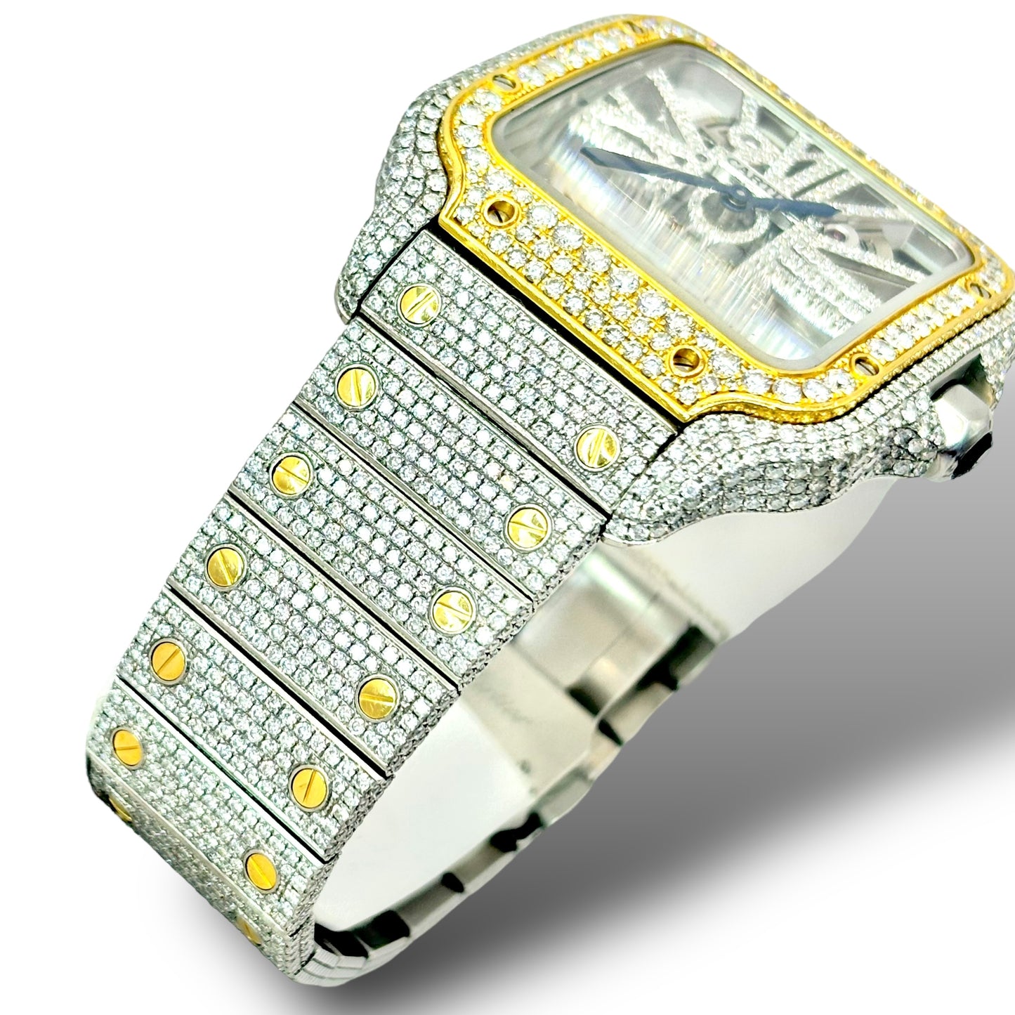 CARTIER SANTOS XL 41MM SKELETON FACE 18KT YELLOW GOLD TWO-TONE VVS-1 NATURAL DIAMOND BUSTDOWN WATCH (Ref.WHSA0019)