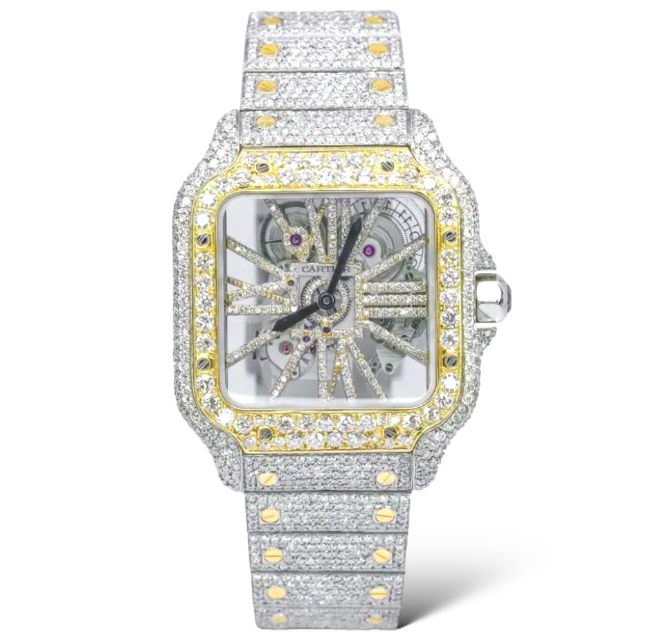 CARTIER SANTOS XL 41MM SKELETON FACE 18KT YELLOW GOLD TWO-TONE VVS-1 NATURAL DIAMOND BUSTDOWN WATCH (Ref.WHSA0019)