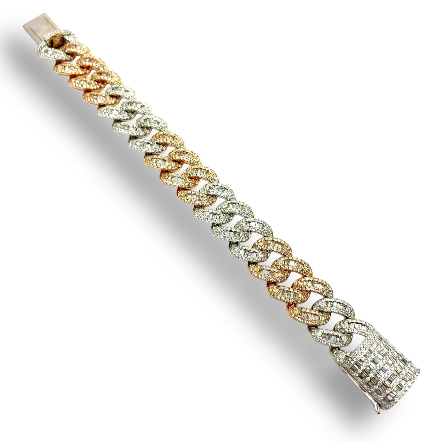 15MM 14KT WHITE AND ROSE GOLD BAGUETTE DIAMOND MIAMI CUBAN LINK BRACELET 13.93 CTW